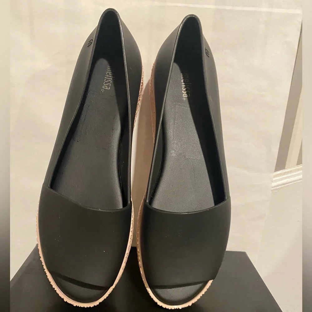 Melissa Puzzle Ad Flats Rubber Platform Open Toe Slip On In Black Size 6